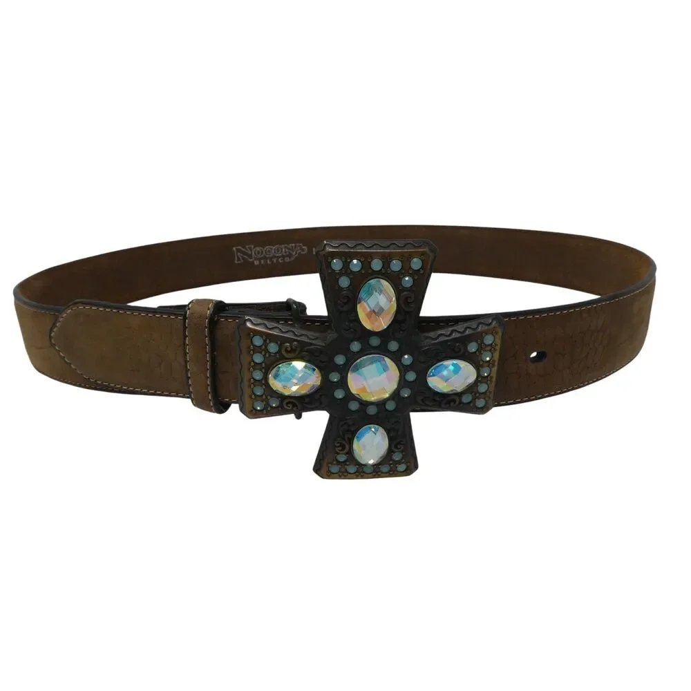 Nocona Brown Croco Print Leather Belt Cross Crystal‎ Buckle Womens Large
